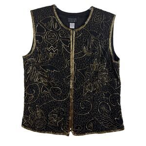 Vintage Spenser Jeremy Black 100% Silk All Over Gold Beaded Vest Large Cocktail